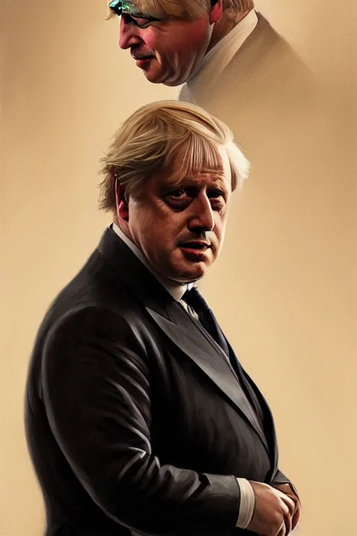 Image similar to Boris Johnson as Vito Corleone, realistic portrait, symmetrical, highly detailed, digital painting, artstation, concept art, smooth, sharp focus, illustration, cinematic lighting, art by artgerm and greg rutkowski and alphonse mucha