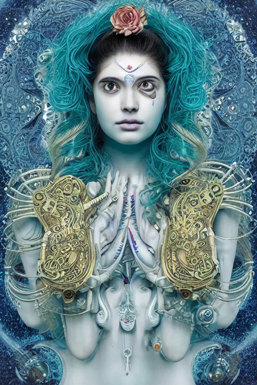 Image similar to a beautiful intricate fine art portrait photo of an indian cyborg with bionic implants, epic wavy hair spread out around her lined with white hibiscus, lying on a mandala, by natalie shau and james christensen, masterpiece!, turquoise blue face, mechanical robot body, top view, studio lighting, golden ratio composition, 3 5 mm lens, deep depth of field, artstation, 8 k
