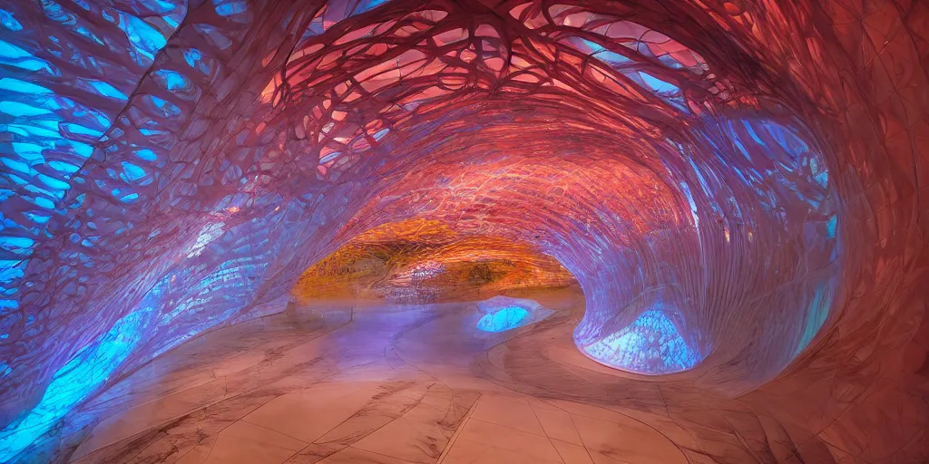 Image similar to extremely detailed awe stunning beautiful futuristic smooth curvilinear museum interior, translucent gills, hyper real, 8k, colorful, 3D cinematic volumetric light, atmospheric light