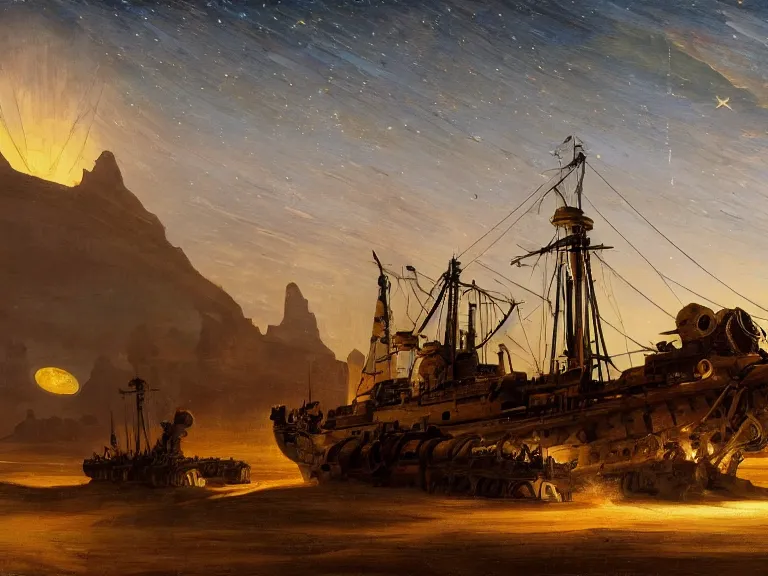 Image similar to an oil painting of an ancient dieselpunk ship in the middle of an alien desert at dusk, aurora and stars light up the sky by carl spitzweg and tuomas korpi. baroque elements, full-length view. baroque element. intricate artwork by caravaggio. Trending on artstation. 8k