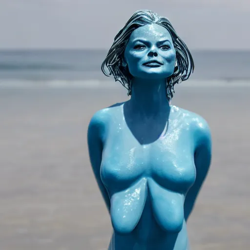 Image similar to a water sculpture in the shape of a margot robbie, on the ocean water, cinematic, in the style of johnson tsang, long shot, hyper detailed, hyper realistic, ray tracing, 8 k resolution, sharp focus, realistic water, award winning