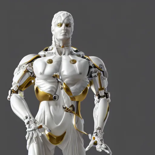 Image similar to statue of white marble with gold veins of strong attractive futuristic cybernetic man adonis posing, hyper realistic, transhumanism, perfect symmetrical body, perfect symmetrical face, hyper detailed, octane render blender, 8 k
