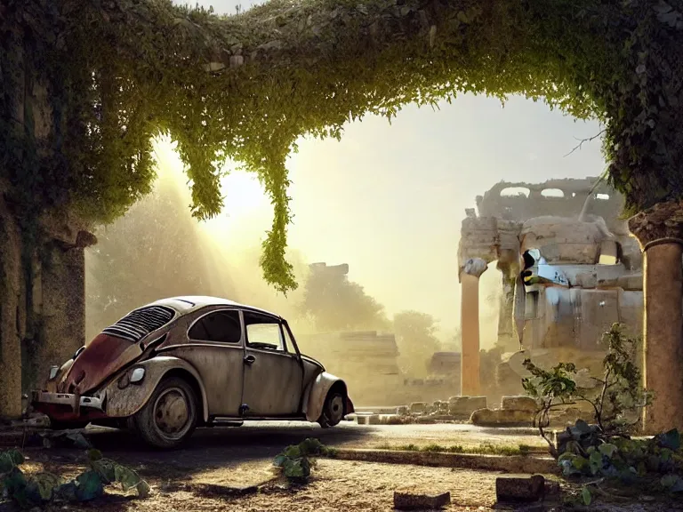 Prompt: a tree growing on a scrap vw beetle in ancient greek ruins, gray wasteland, many scrap cars, overgrown, pillars and arches, vines, hyperrealistic, highly detailed, cinematic, ray of golden sunlight, beautiful, cgsociety, artstation, 8 k, oil painting by greg rutkowski, by artgerm, by wlop