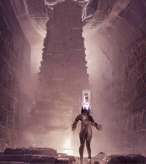 Image similar to tarkovsky greatest scene, the ancient destroyed majestic tower of babylon, woman in gantz suit, futuristic cyber clothing, transparent puffer jacket, hyperrealistic, blockchain, cyber world, ambient lighting, concept art, intricate, hyper detailed, smooth, dynamic volumetric lighting, octane, ray trace, cinematic, high quality, cgsociety