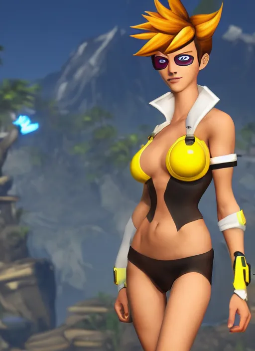 Image similar to tracer game character, in yellow bikini, blonde hair, black eyes, full height