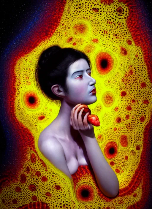 Image similar to hyper detailed 3d render like a Oil painting - black haired girl in mascara seen Eating of the Strangling network of colorful yellowcake and aerochrome and milky Fruit and Her delicate Hands hold of gossamer polyp blossoms bring iridescent fungal flowers whose spores black the foolish stars by Jacek Yerka, Mariusz Lewandowski, Houdini algorithmic generative render, Abstract brush strokes, Masterpiece, Edward Hopper and James Gilleard, Zdzislaw Beksinski, Mark Ryden, Wolfgang Lettl, Dan Hiller, hints of Yayoi Kasuma, octane render, 8k