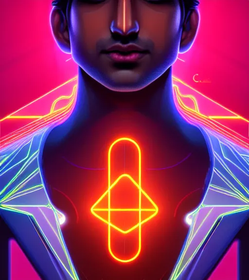 Image similar to symmetry!! indian prince of technology, solid cube of light, hard edges, product render retro - futuristic poster scifi, lasers and neon circuits, brown skin handsome indian prince, intricate, elegant, highly detailed, digital painting, artstation, concept art, smooth, sharp focus, illustration, dreamlike, art by artgerm