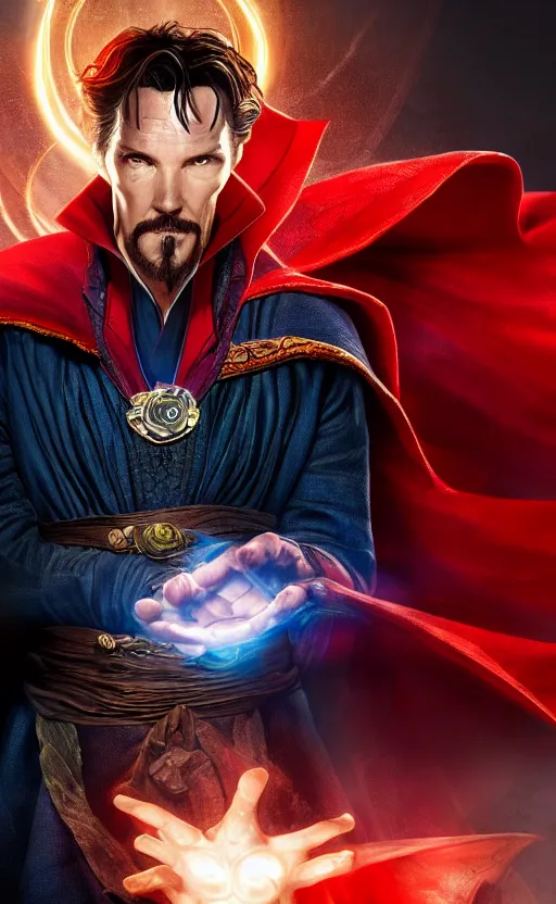 Image similar to epic doctor strange wallpaper, black and red suit, dynamic lighting, photorealistic fantasy concept art, trending on art station, stunning visuals, terrifying, creative, cinematic