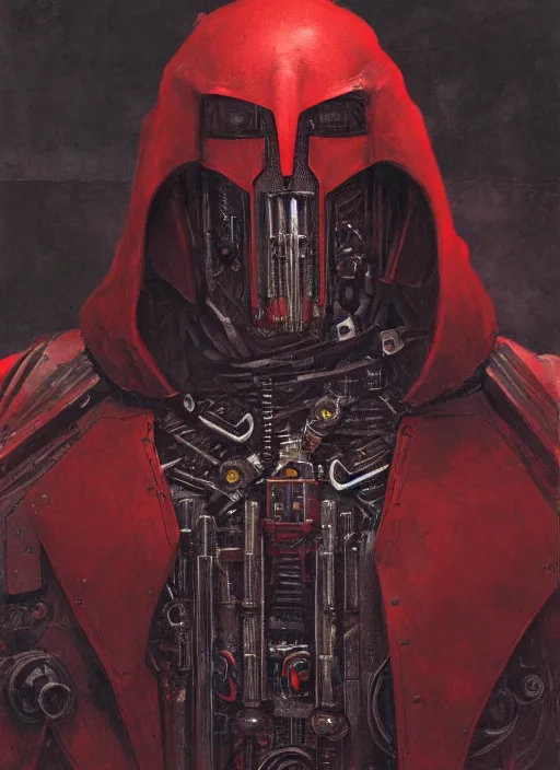 Image similar to portrait of adeptus mechanicus in red hood and robe from Warhammer 40000. Highly detailed, artstation, illustration by and John Blanche and zdislav beksinski and wayne barlowe