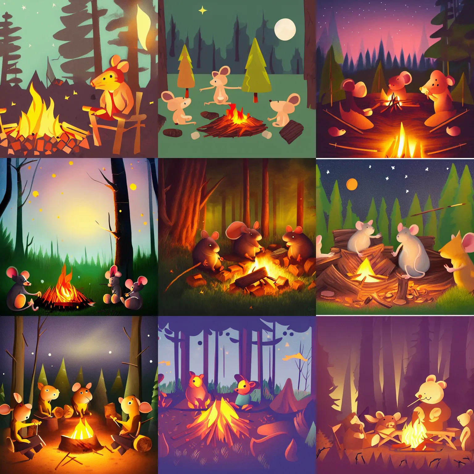 Prompt: mice sitting at campfire, magical light, dramatic light, dark, forest, shooting star, marshmallow, stick, barbecue, wooden logs, bonfire, tents, trees, plants, colorful, trending on artstation, illustration, cottagecore