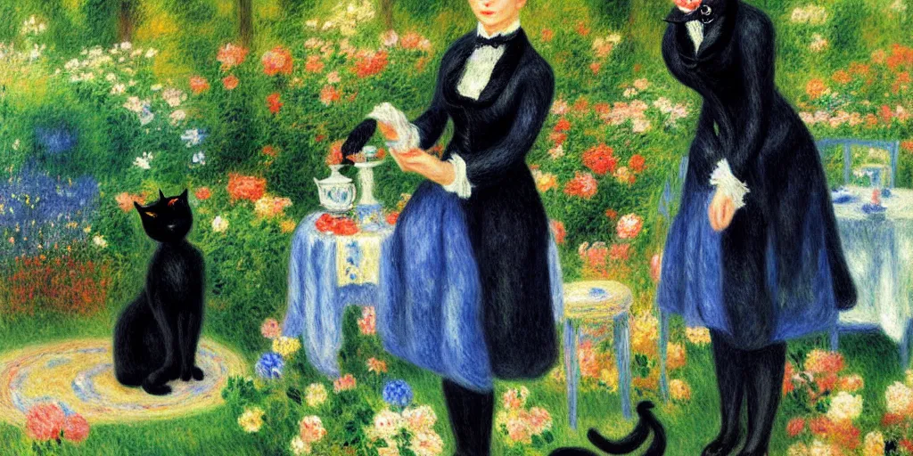 Prompt: anthropomorphic black cat in a suit serving tea to a lady in a beautiful blue dress, garden, flowers, lake, pale colors, anthropomorphic cat, sunny, sharp focus, highly detailed, impressionist, art by Pierre-Auguste Renoir, painting, masterpiece