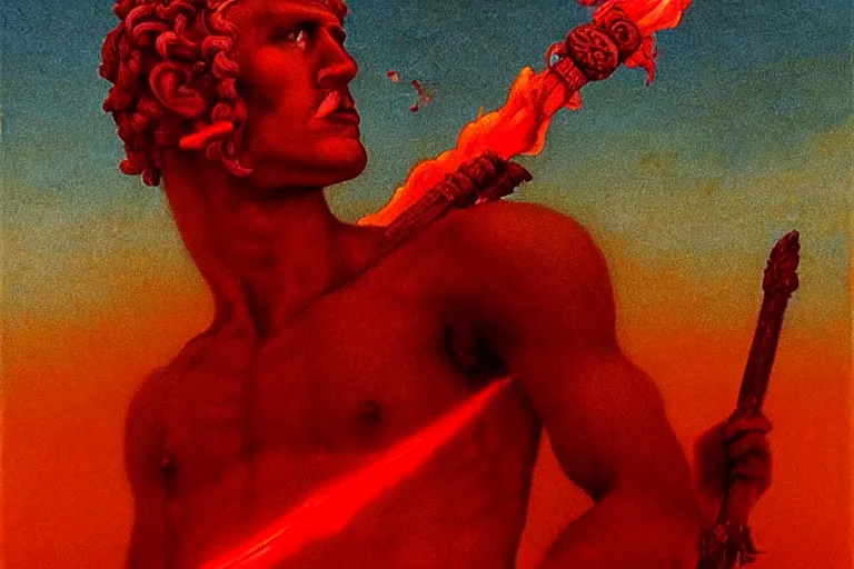 Image similar to only with red, a red melted apollo with a laurel wreath and a flaming sword announce the win, atene in the background, in the style of beksinski, part by hopper, part by rodcenko, part by hofbauer, intricate composition, red by caravaggio, insanely quality, highly detailed, masterpiece, red light, artstation