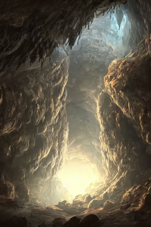 Prompt: an eerie cave, containing a hidden portal, to the multiverse, trending on art station, detailed environment