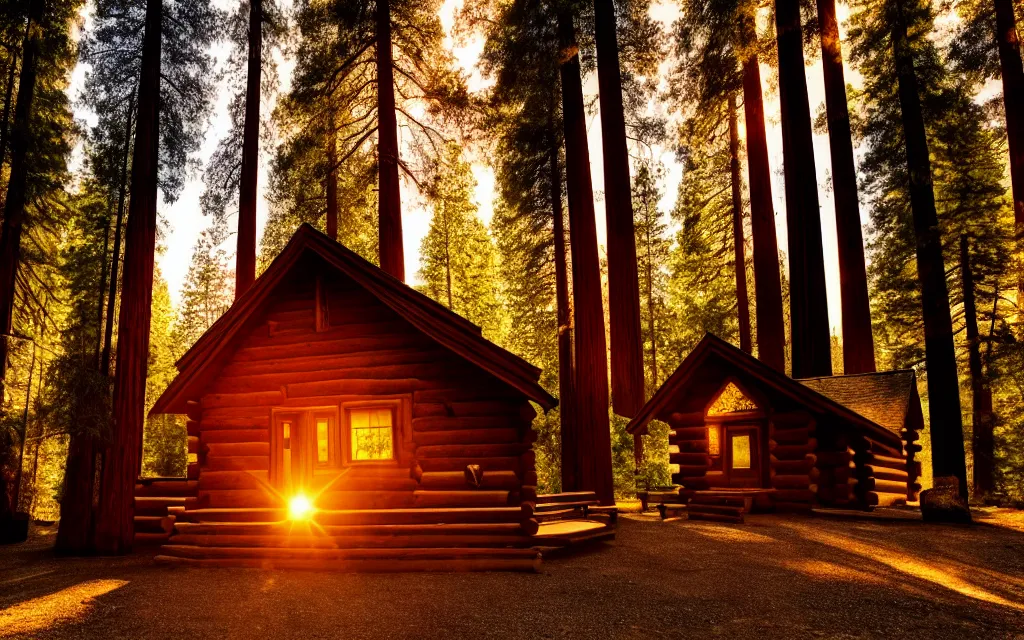 Image similar to enchanted magical quiet log cabin in the california redwoods forest at goldenhour sunset, 8 k photoengine realrender, cinematic scenery