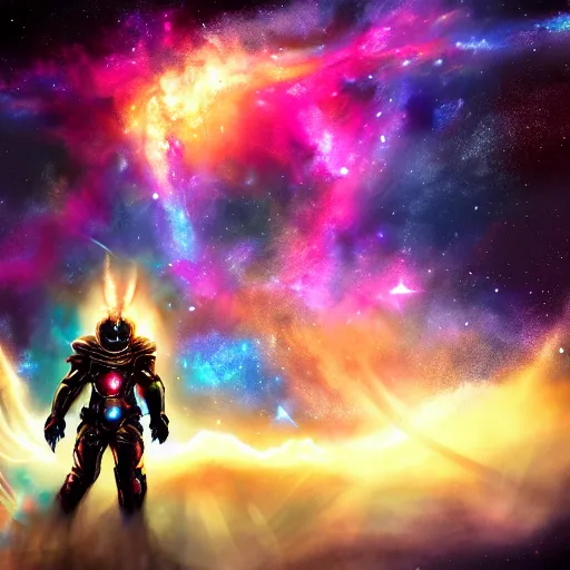 Image similar to photorealistic fantasy cosmic concept art of a cosmic nebula God in dark matter armor hovering in a unknown galaxy, fully body portrait, cinematic, dynamic lighting, ultra detailed, creative, trending on art station