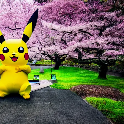 Prompt: A giant Pikachu wearing headphones while sitting against a blossom tree in Japan, XF IQ4, 150MP, 50mm, f/1.4, ISO 200, 1/160s, natural light, Adobe Photoshop, Adobe Lightroom, DxO Photolab, Corel PaintShop Pro, rule of thirds, symmetrical balance, depth layering, polarizing filter, Sense of Depth, AI enhanced