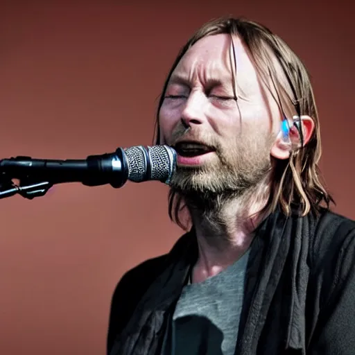 Prompt: Thom Yorke 2022 singing into a microphone, a photo by John E. Berninger, trending on pinterest, private press, associated press photo, angelic photograph, masterpiece