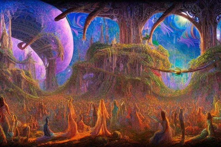 Image similar to a beautiful and highly detailed digital painting of psytrance festival in a secret valley, psychedelic patterns, intricate details, epic scale, 8 k, sharp focus, photorealism, artstation, cgsociety, by caspar friedrich, james gurney, alex grey, brian froud,