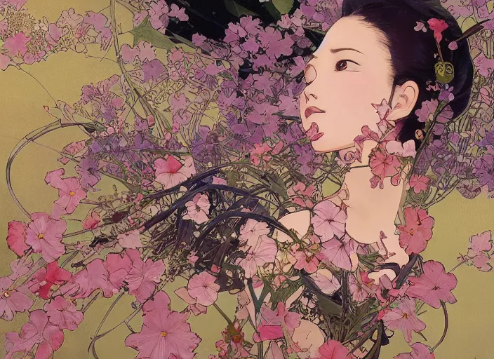 Image similar to oil painting, long shot, beautiful floralpunk japanese bio mechanical female illustration detailed patterns art of japan traditional dress, flower pop art, floral splash painting, art by ashley wood, alphonse mucha, makoto shinkai, geof darrow, dark shadow