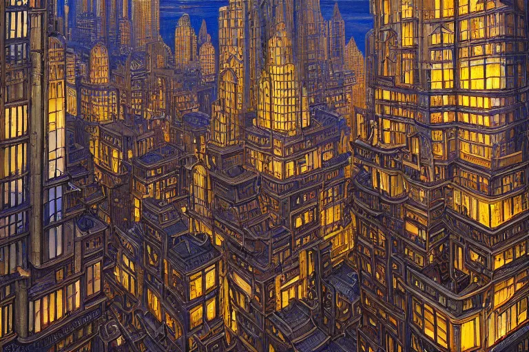 Image similar to beautiful painting of an art deco city, glowing windows. reflective detailed textures, elaborate geometric ornament and brushed steel, highly detailed dark fantasy science fiction painting by donato giancola and peter mohrbacher and nicholas roerich and diego rivera, silver and cool colors. artstation