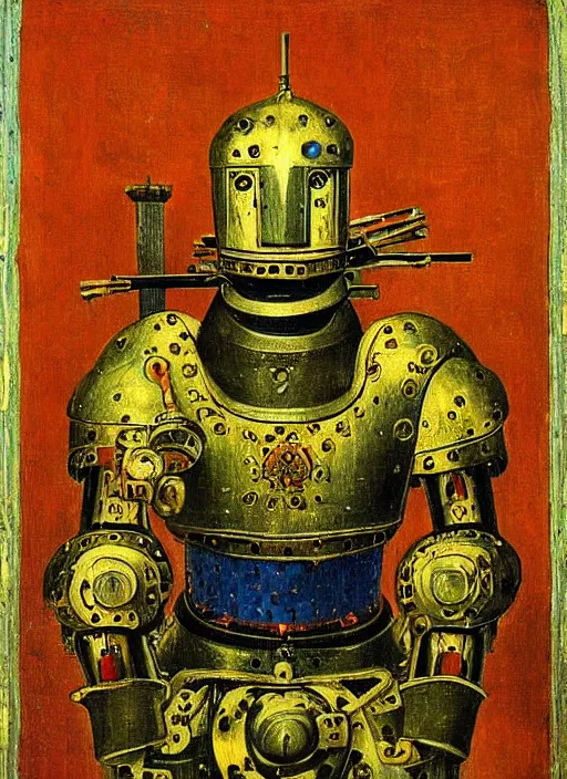 Prompt: warrior robot by Jan van Eyck