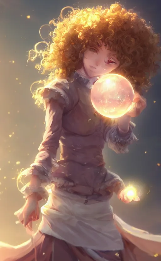 Image similar to anime girl with curly hair holding a magical orb, WLOP, concept art, digital painting, trending on artstation, highly detailed, epic composition, 8k UHD