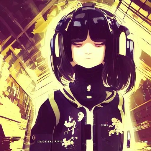 Image similar to Frequency indie album cover, luxury advertisement, golden filter, golden and black colors. A clean and detailed post-cyberpunk sci-fi close-up schoolgirl, she is very powerful, in asian city in style of cytus and deemo, mysterious vibes, by Tsutomu Nihei, by Ilya Kuvshinov, by Greg Tocchini, nier:automata, Yorda from Ico and Lain Iwakura, set in half-life 2, beautiful with eerie vibes, very inspirational, very stylish, with gradients, surrealistic, dystopia, postapocalyptic vibes, depth of field, mist, rich cinematic atmosphere, perfect digital art, mystical journey in strange world, beautiful dramatic dark moody tones and studio lighting, shadows, bastion game, arthouse