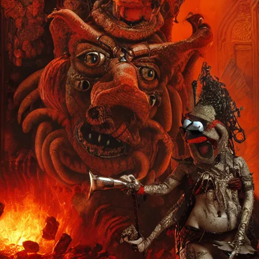 Image similar to muppets in dante's inferno with trumpeters and demons, intricate detail, royo, vallejo, frazetta, giger, whealan, hd, unreal engine,