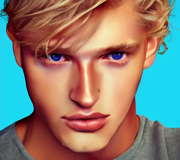 Image similar to extremely beautiful blonde young man with hyperealistic glossy eyes, digital art, colourful background seductive.