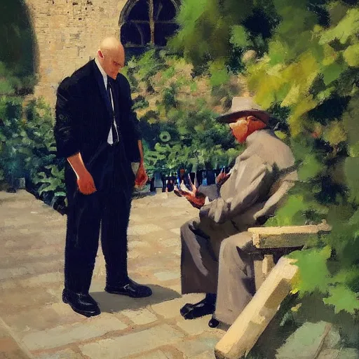 Image similar to a portrait of agent 4 7 from hitman playing a guitar in a monestary garden next to an elderly priest, by gregory manchess, james gurney, james jean