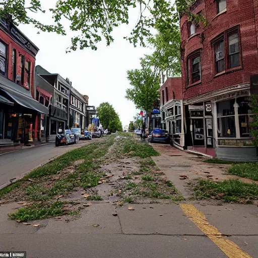 Prompt: main street in northampton, ma overgrown after 5 0 0 years since the apocalypse