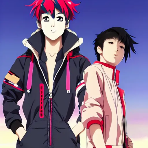 Image similar to a beautiful androgoynous anime boy gravure model, wearing oversized mayan bomber jacket and leotard with overalls, bulky poofy bomber jacket with mayan patterns, aztec street fashion, gapmoe yandere grimdark, trending on pixiv fanbox, painted by greg rutkowski makoto shinkai takashi takeuchi studio ghibli, akihiko yoshida