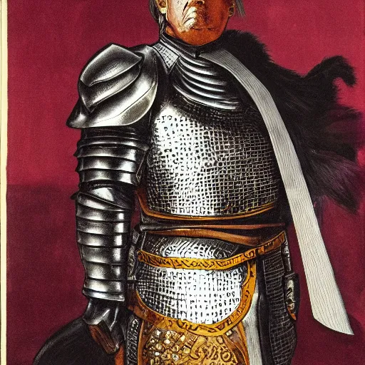 Prompt: donald trump as a knight, shinning armor, knights armor, donald trumps sexy face, intimidating pose, knights gauntlets, by hans thoma