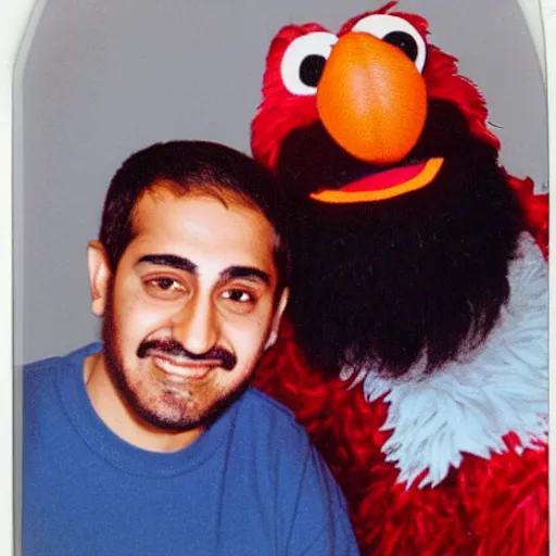 Image similar to polaroid photo of osama bin laden posing with elmo