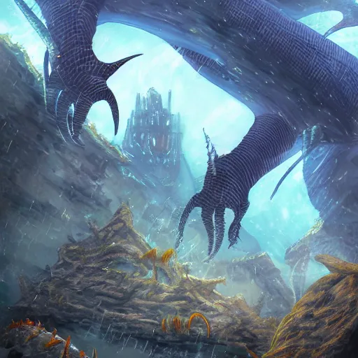 Prompt: an underwater city attacked by a lizard like behemoth by kotakan