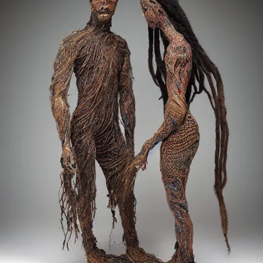 Image similar to dmt bodies. Mesh of human figures intertwined. earthen colors. The medium of this sculpture is human hair. A mess of human hair. Matted hair woven dreadlock sculpture. Tangled splitend hair. barbershop floor. Sculpted by August Rodine.