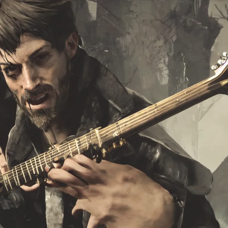 Prompt: corvo attano from dishonored game plays guitar, official music video, shot on sony a 7, studio recording