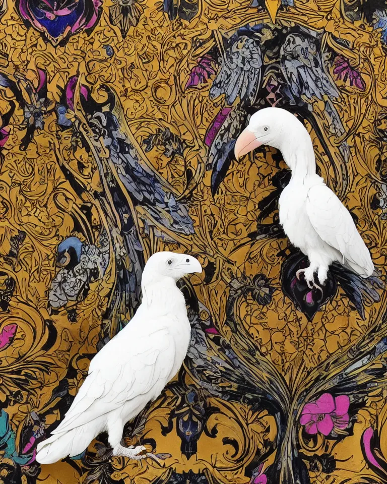 Image similar to photographic masterpiece of an albino raven standing on a colourful ornate skull on a black velvet table cloth, art nouveau wallpaper in background