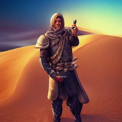 Prompt: a man holding a pistol in each hand. leather armor, no helmet. standing in a sand dune. colorful, bright, fantasy, artgerm, dnd, fantasy, rpg