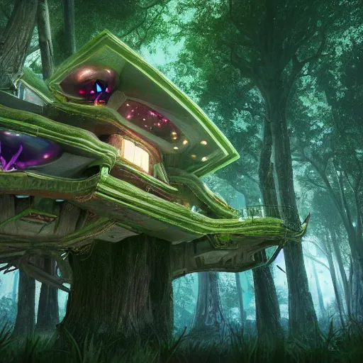 Prompt: futuristic treehouse in alien forest with unusual trees detailed luminescent magical realism painting 4k unreal engine