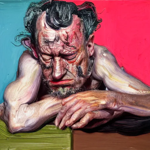 Image similar to high quality high detail painting of a depressed man by lucian freud and jenny saville and francis bacon and nicola samori, hd, anxiety, turquoise and orange and purple and pink and red