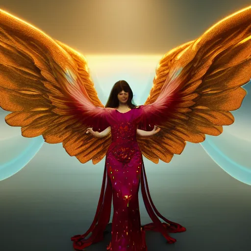 Image similar to a beautiful orchid phoenix angel woman, in an ornamented dress with large wings, photorealism, octane, unreal engine, volumetric light, god rays, 8 k high resolution, rubies