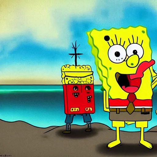 Image similar to a gloomy digital painting of spongebob and patrick standing on beach looking out at explosions, d-day, smoke, fire, detailed, bleak, weary, dark,