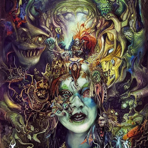 Image similar to monsters in alice in wonderland tripping on ayahuasca with faces in the background, intricate detail, painting, royo, frazetta, whealan,