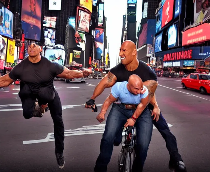 Image similar to Dwayne the Rock Johnson riding on Adam Sandler, Adam Sandler doing Methamphetamine at Times Square, Mew York City, photograph by Alfred Eisenstaedt, 4K, dramatic lighting; 4K 8K