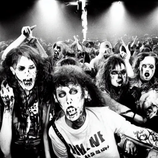 Prompt: zombies at a punk rock concert, highly detailed photo from 1985, black and white