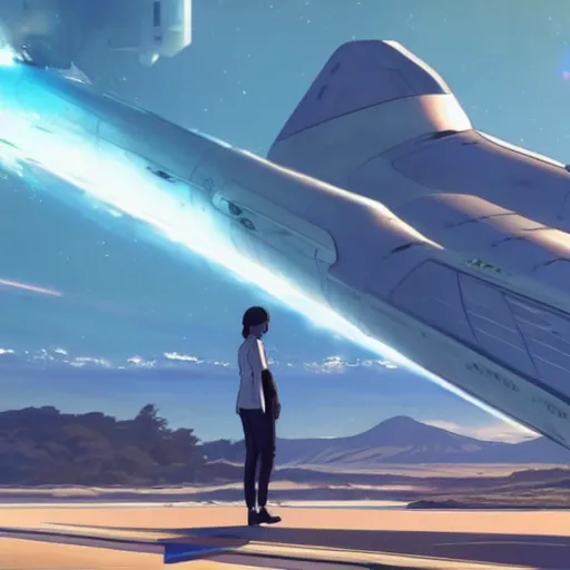 Image similar to screenshot from the movie Elon musk and his starship by Makoto Shinkai