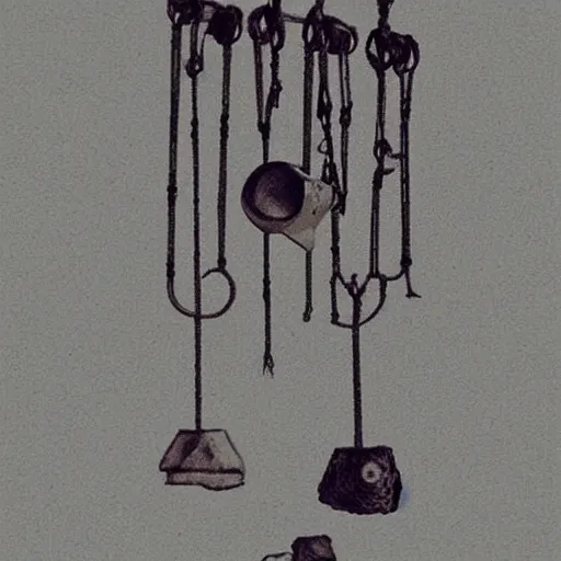 Image similar to This is a sketch of a wind chime made from the pieces of a broken mug. It shows the mug handle as the top piece with strings attached to it, and the bottom pieces of the mug hanging down like little bells, sketch, illustration, artstation