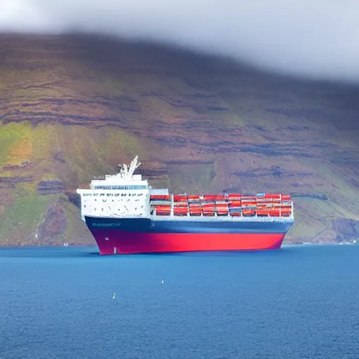 Prompt: Small foggy island „La Gomera“, Canaria Islands, Big transatlantic ship going to the island’s port, lots of raining clouds around the island, very pleasing professionally taken photo, vibrant colours