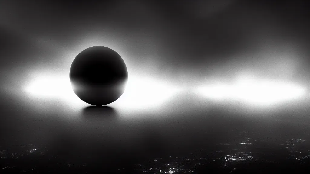 Image similar to a black sphere hangs in the sky, luminous tentacles leave it in different directions, fog, volumetric lighting, mystique, atmospheric, sharp focus, ultra detailed, noir art house, 4 k, cinematic, 3 5 mm